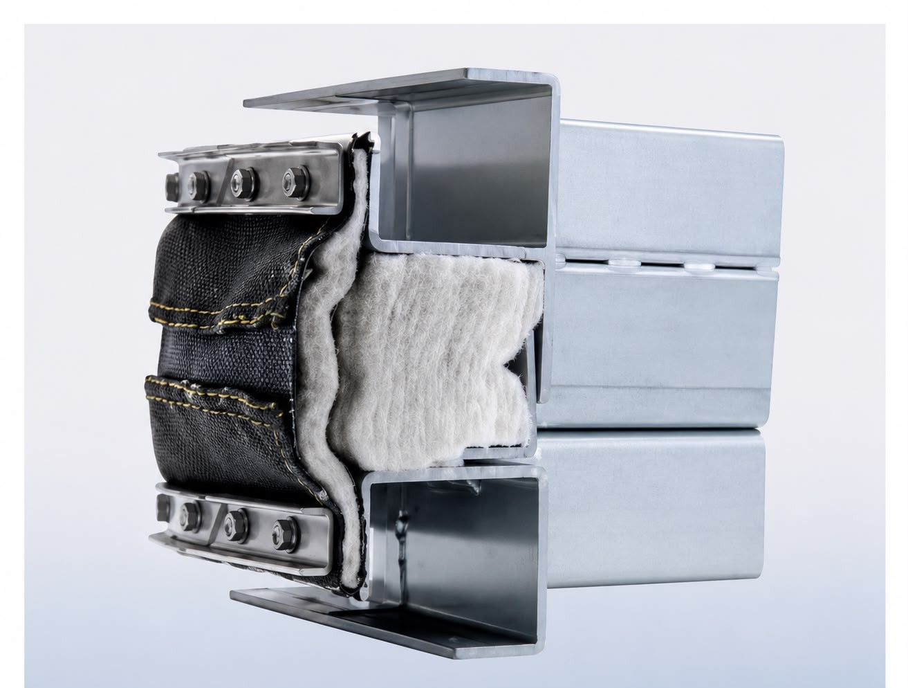 Cross section of a fabric expansion joint showing insulation layers and frame