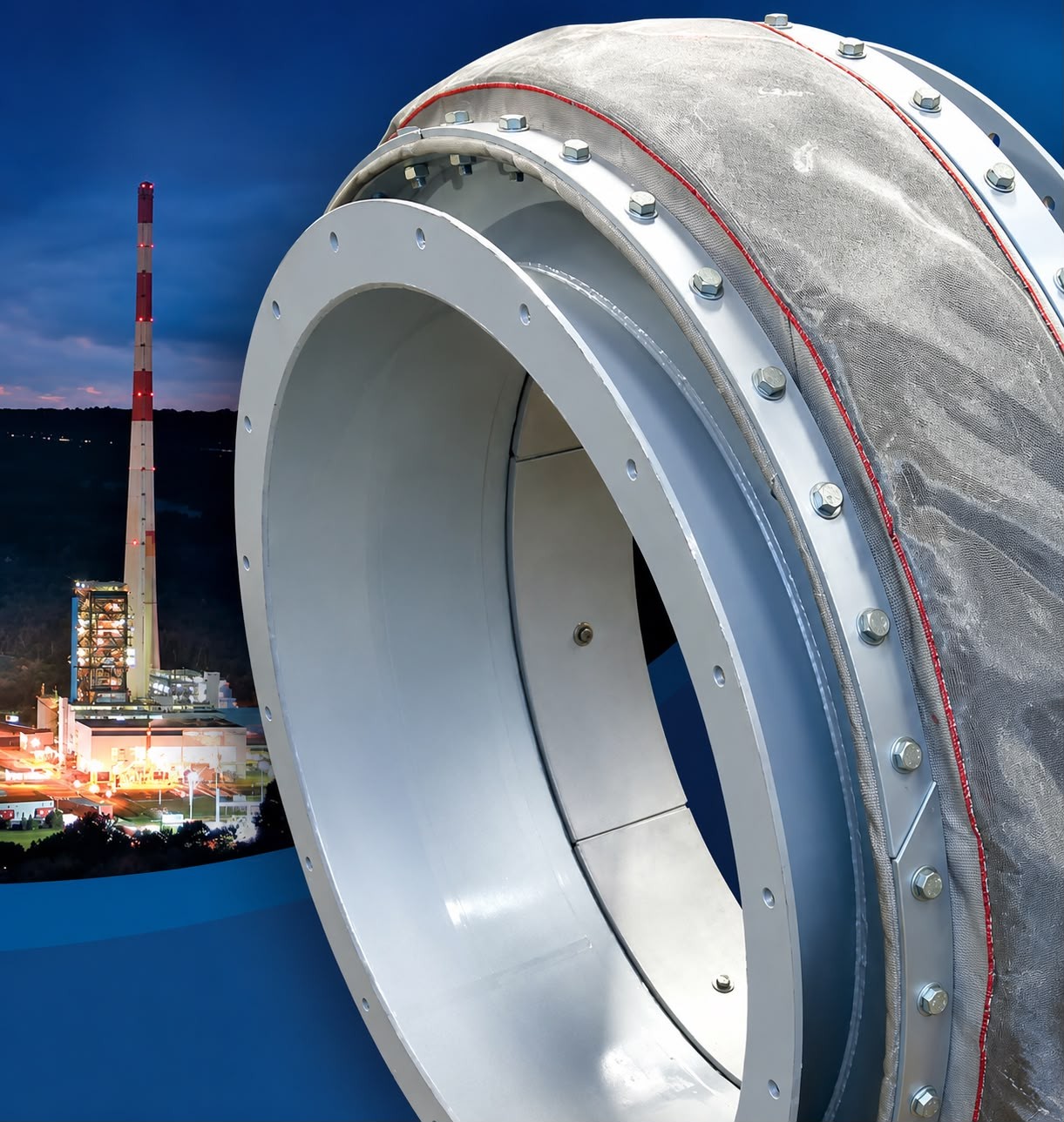 EagleBurgmann KE fabric expansion joint for hot-gas ducting, shown against a power plant