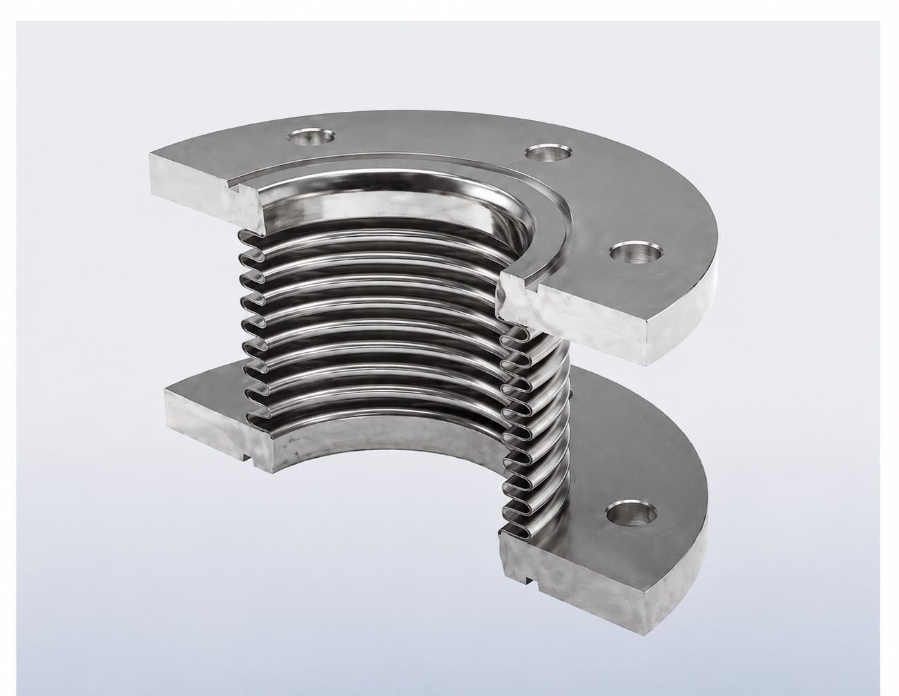 Cross section of a metal expansion joint showing bellows convolutions and flanges