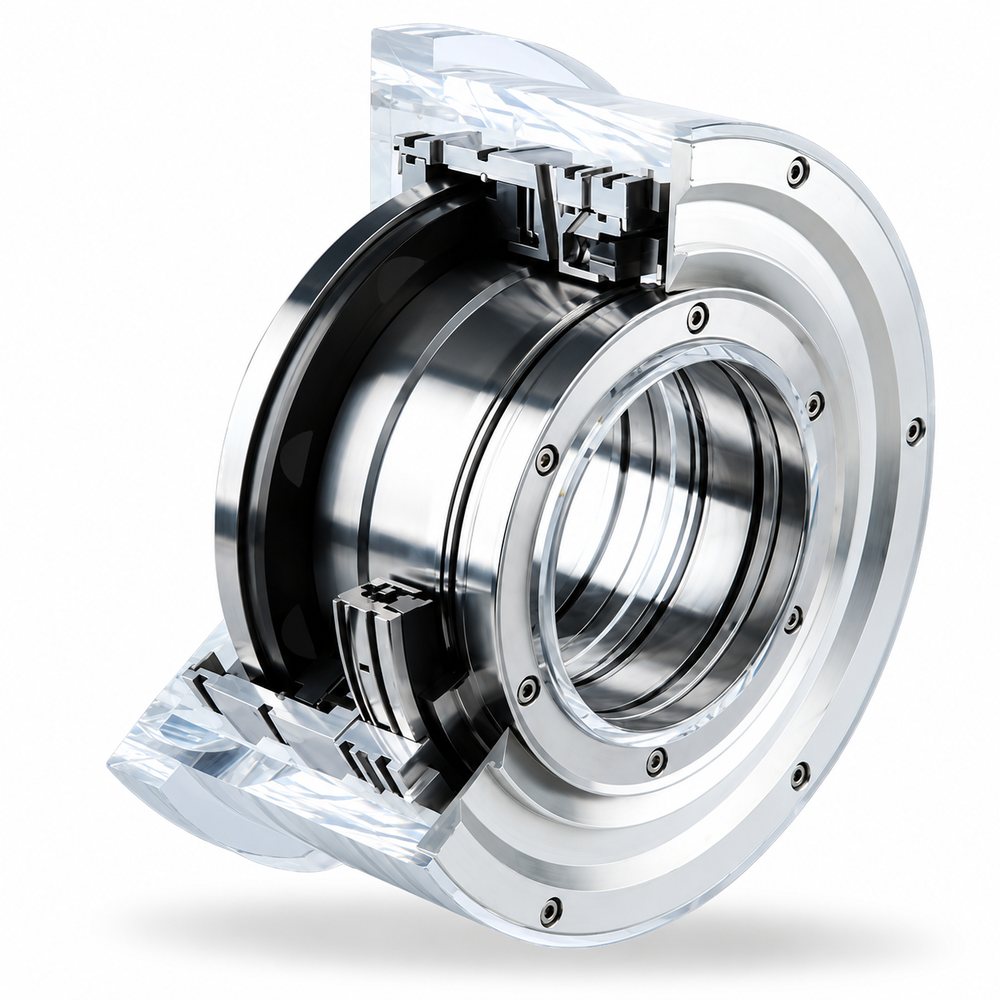 Dry gas seal cutaway showing the sealing faces, seat and cartridge assembly